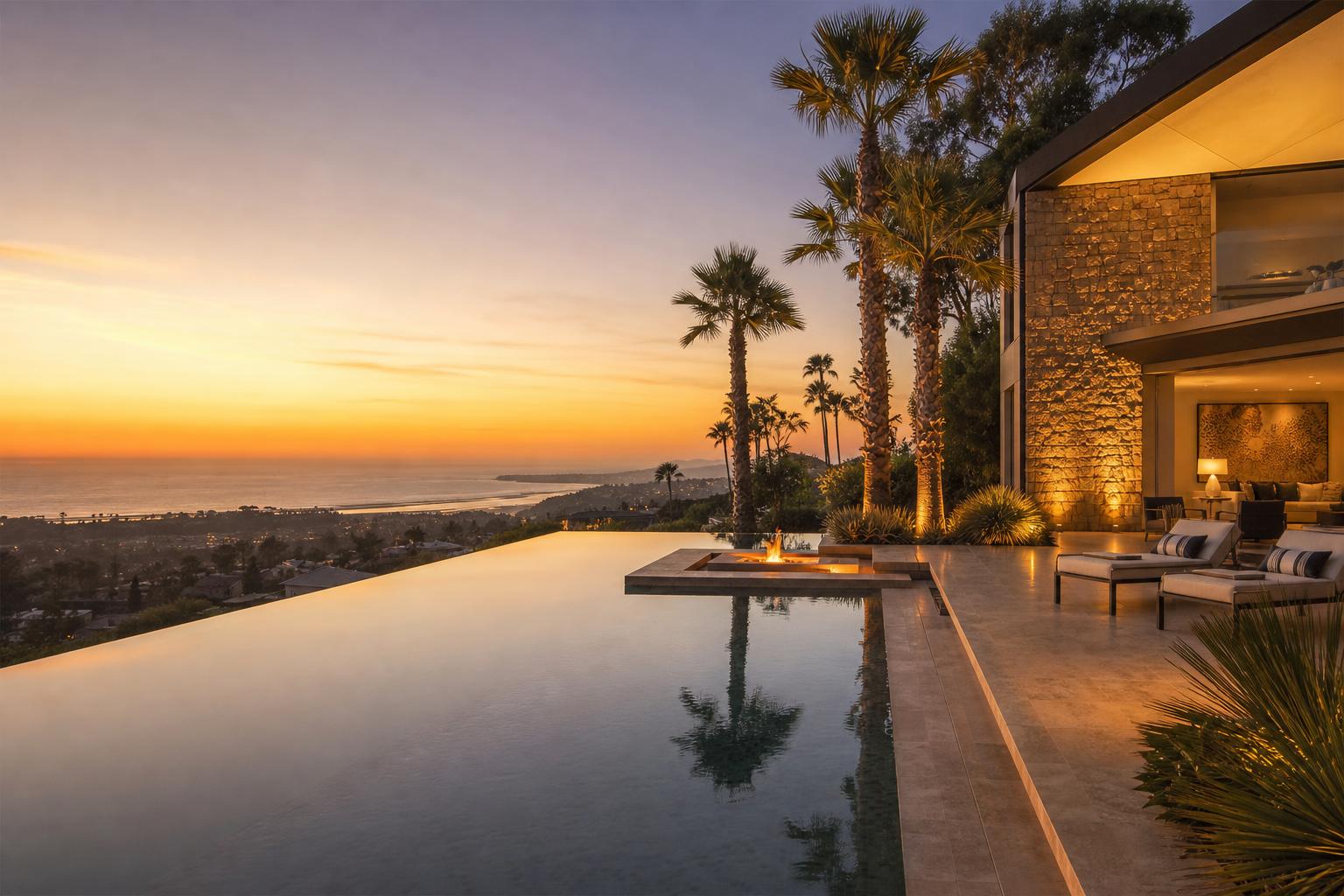 Cinematic luxury villa with infinity pool, manicured landscape, and dramatic uplighting at twilight